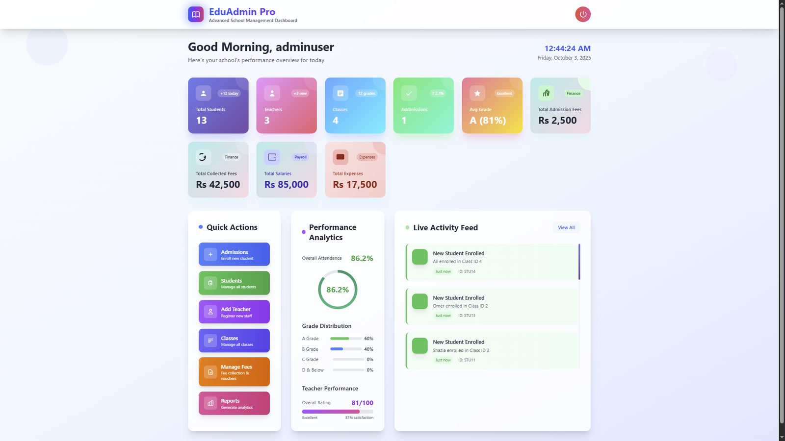 Screenshot of the Modern School ERP Dashboard Interface